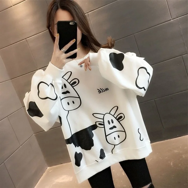 Loose Korean New Dairy Cow Pattern Bf Lazy Style Pink White Jumper Spring Autumn Women Sweatshirt Thin Round Neck Pullover Tops