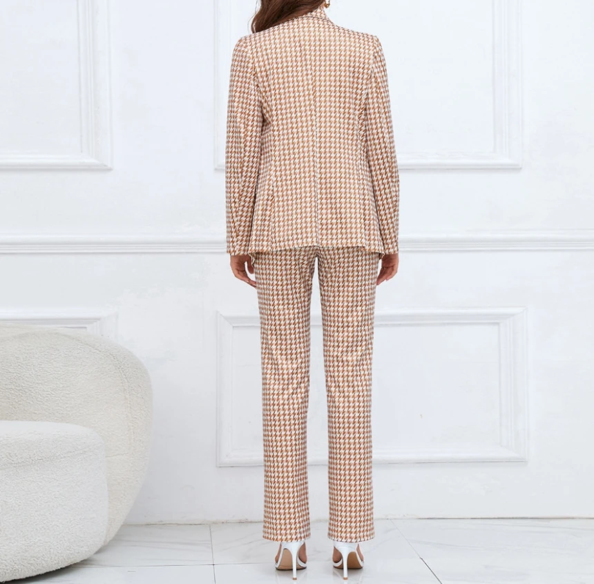 Women's Fashion Bird Pattern Double Breasted Suit Jacket & Slim Pants Set OL Elegant Blazers Sets Temperament Commuting Style