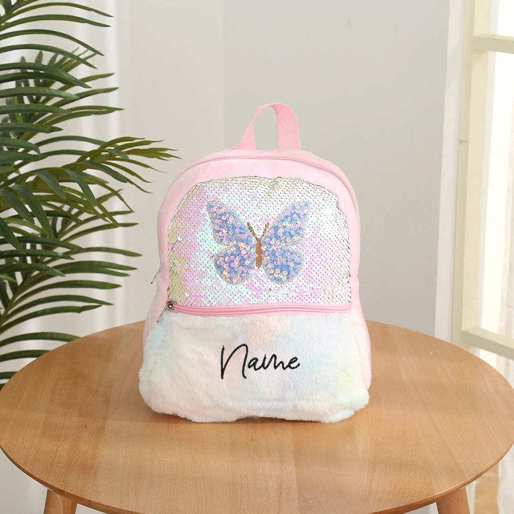 

Customized Cute Children's Plush Colorful Butterfly Sequin Backpack With Personalized Name Cartoon Wings, Kindergarten Girl Bag