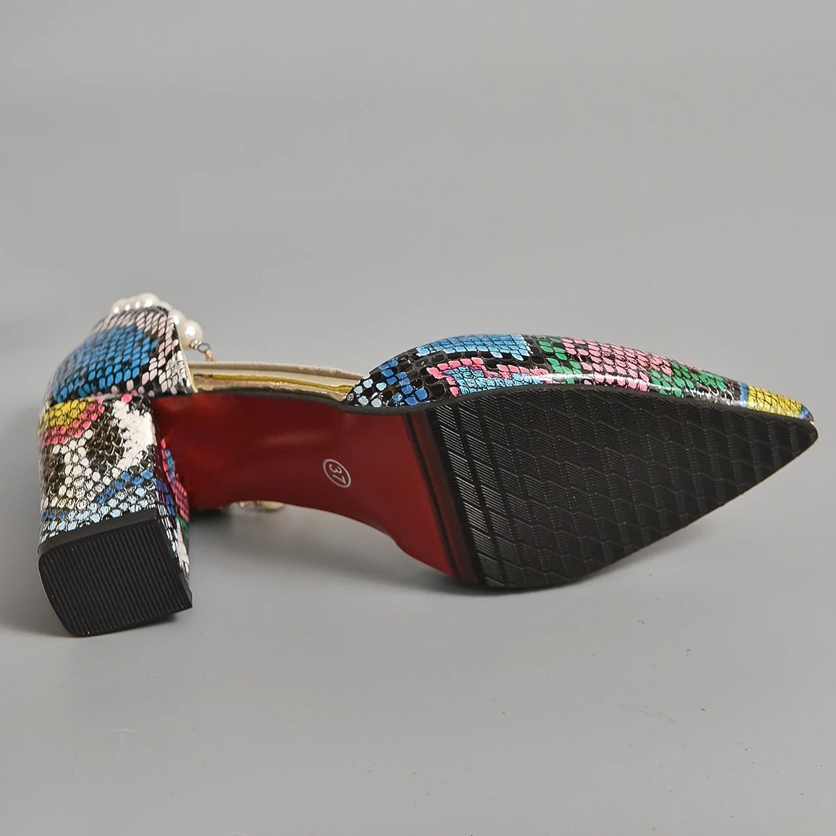 Aphixta Snake Pattern High Heel Sandals Summer Elegance Retro Women's Square Heel Sandals Size 33-46 Pearl Chain Design