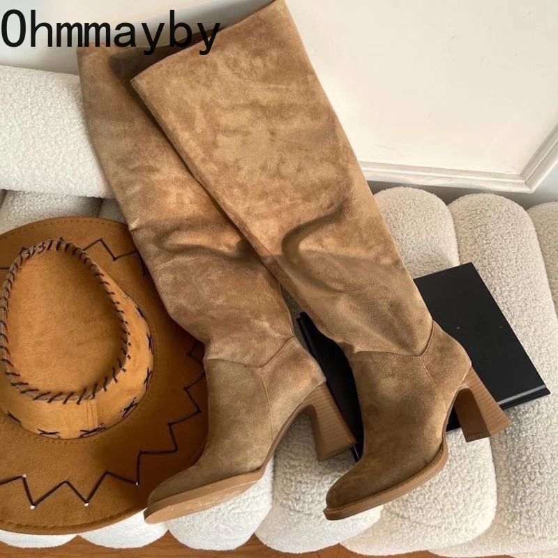 

Luxury Retro Women Western Cowboy Boots Fashion Slip On Suede Long Boots Female Elegant High Heel Winter Women's Footwear