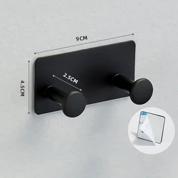 Sleek Wall-Mounted Stainless Steel Coat Rack with Adhesive Hooks for Hats, Towels, and Clothes (Black 2 Hook)