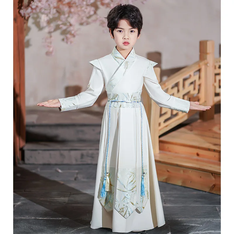 

Vintage Boy Folk Dance Children Costumes Kids White Print Hanfu Traditional Chinese Style Oriental Kids Tang Suit