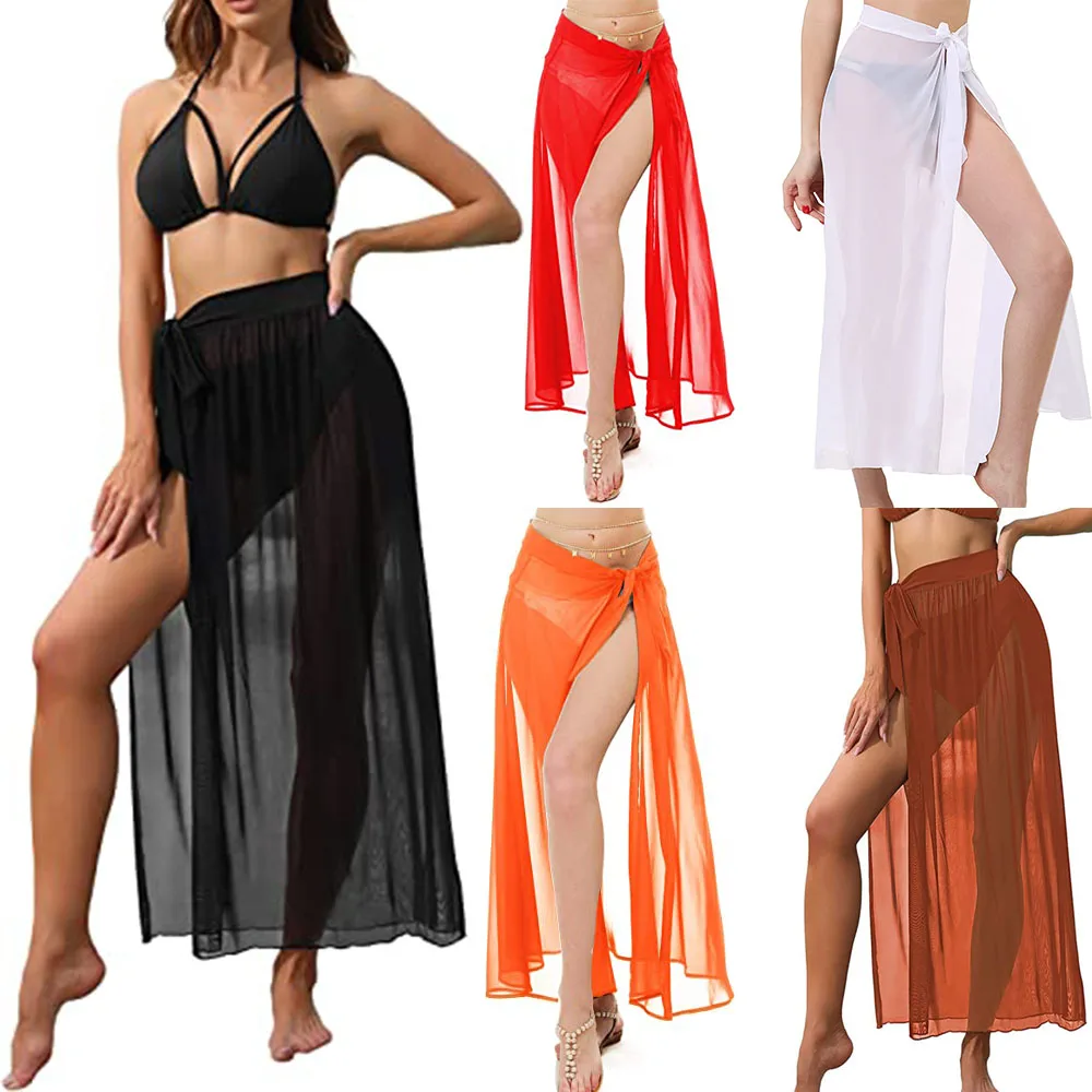 

Summer Long&Short Chiffon Knot Waist Sheer Sarong Swimsuit Cover Ups for Women Sheer Bathing Suit Beach Skirt Wrap