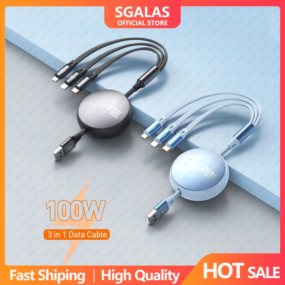 

6A 100W 3in1 2in1 Fast USB Cable for Huawei Retractable Portable 3 in 1 Micro USB Type C Charger Cable For iPhone Samsung