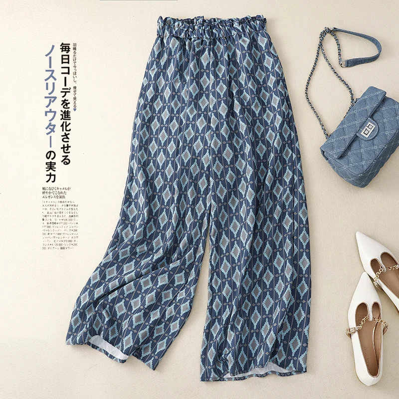 

Limiguyue Ethnic Vintage Print Wide-Legs Pants Women Casual Summer Trousers Elastic Waist Vintage Thin Ankle-Length Pants U402