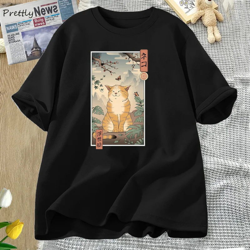 

Vintage Edo Cat T Shirt Summer Oversize Print T-shirts Harajuku Women Clothes Cotton Short Sleeve Tee Shirt Streetwear