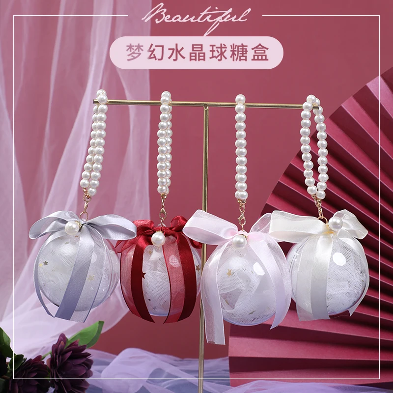 

Creative Acrylic Plastic Ball Gift Box Half Yarn Satin Ribbon Wedding Candy Bag Baby Shower Favors Party Supplie