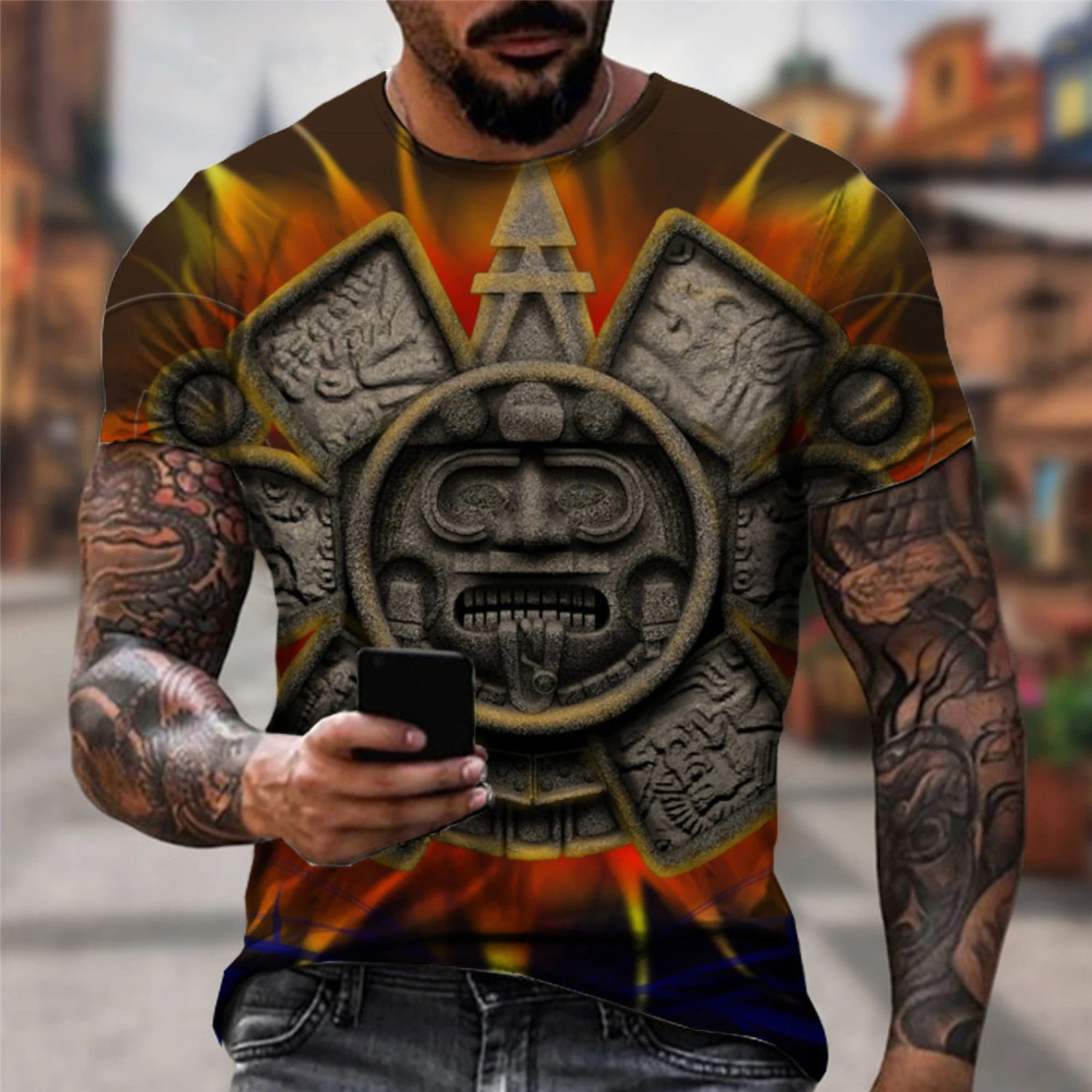 Mexico Aztec Calendar 3D Print Short Sleeve T Shirt