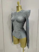 Sparkle Silver Rhinestones Long Sleeve Stretch Bodysuits 2025 New Women Evening Luxury Birthday Party Sexy Nightclub Stage Costu - Image 2