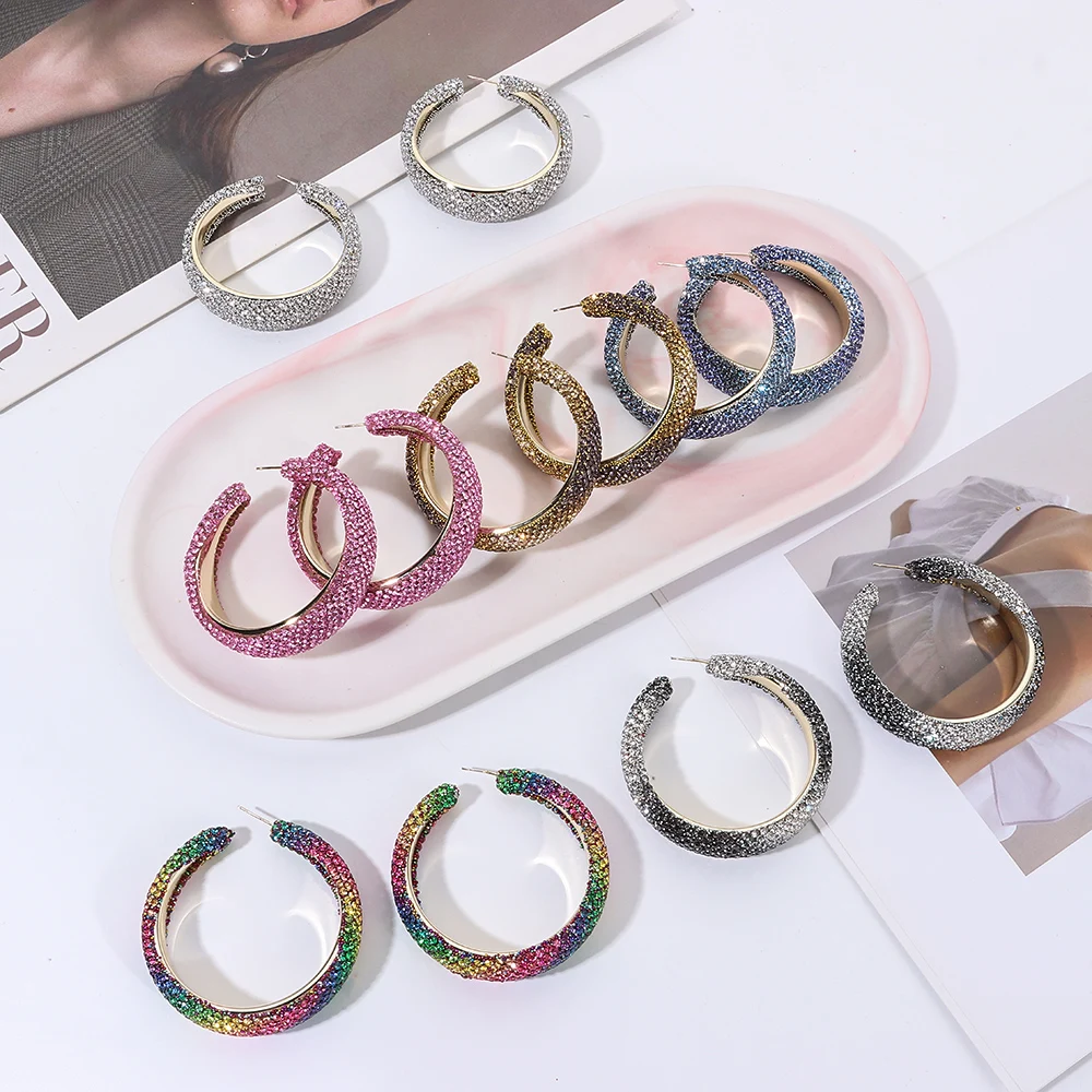 New Fashion Rhinestones Big Hoop Earrings Exaggerate Shiny Crystal Earrings Geometric Round Jewelry Gifts For Women Girls