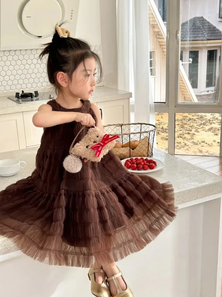 

HoneyCherry Summer New Girls Exclusive Design Lace Princess Dresses French Vintage Sleeveless Hanging Neck Dress Girl Clothes