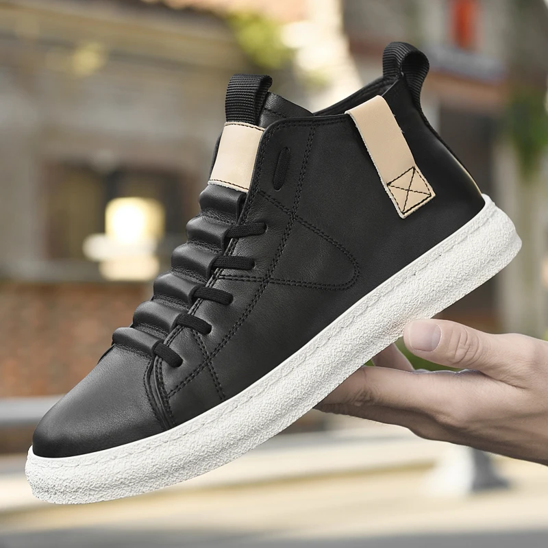 Luxury Brand Men's Ankle Boots Genuine Leather Men High Top Shoes Fashion Business Casual Outdoor Shoes Non-Slip Male Sneakers
