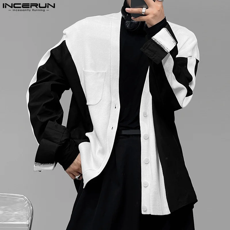

INCERUN Men Shirt Patchwork V Neck Long Sleeve Button Casual Cardigan Streetwear 2023 Loose Autumn Stylish Men Clothing S-3XL