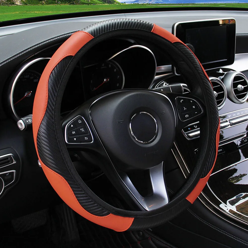Luxury PU Carbon Fiber Leather Steering Wheel Cover (14.5-15 Inch)