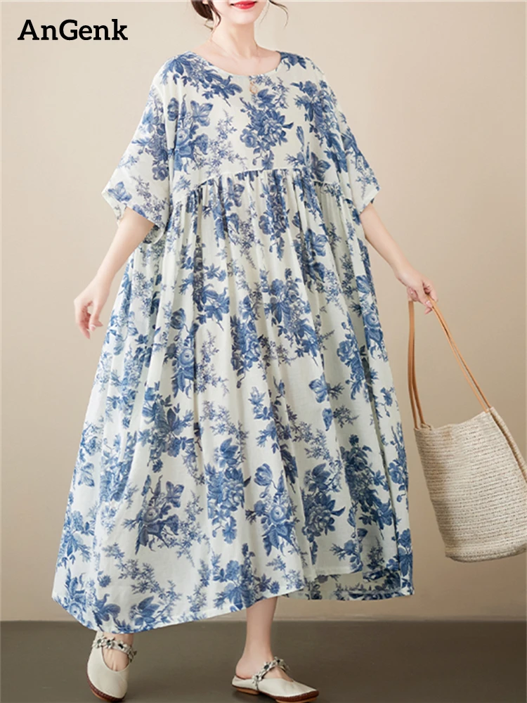 

Женское Хлопковое платье с принтом, повседневное Длинное свободное винтажное платье оверсайз с коротким рукавом, одежда для весны и лета 2023