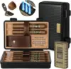 Travel Cigar Humidor Cedar Wood Lined,Waterproof Anti Pressure Sealed Cigar Storage Case,With Humidifier and Cigar Lighter Set 1
