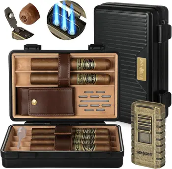 Travel Cigar Humidor Cedar Wood Lined,Waterproof Anti Pressure Sealed Cigar Storage Case,With Humidifier and Cigar Lighter Set 1