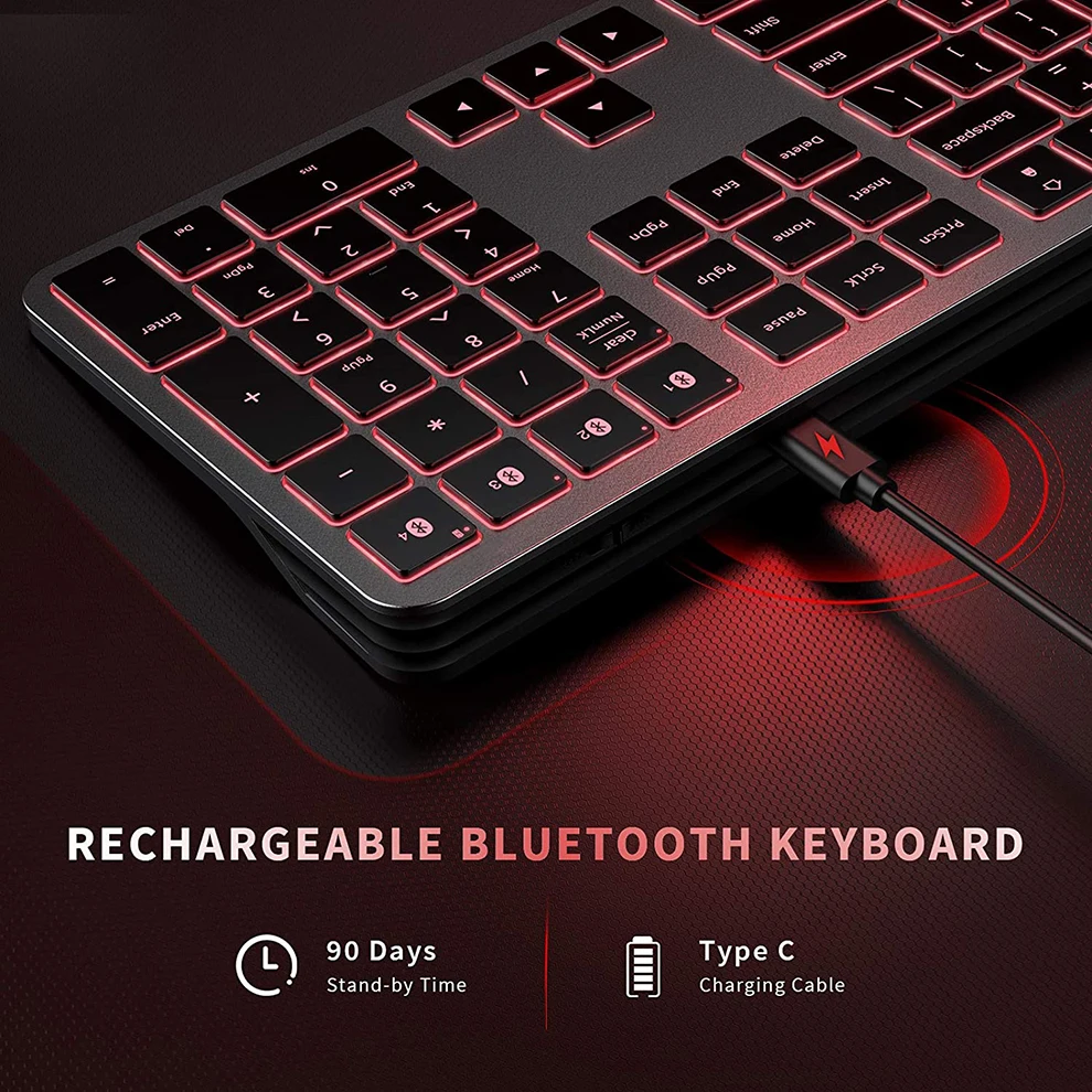 Quatro Bluetooth Recarregável Full-size Teclado Multi Dispositivo Teclado Backlight para Ipad Iphone Mac Ios Android Windows - Imagem 3