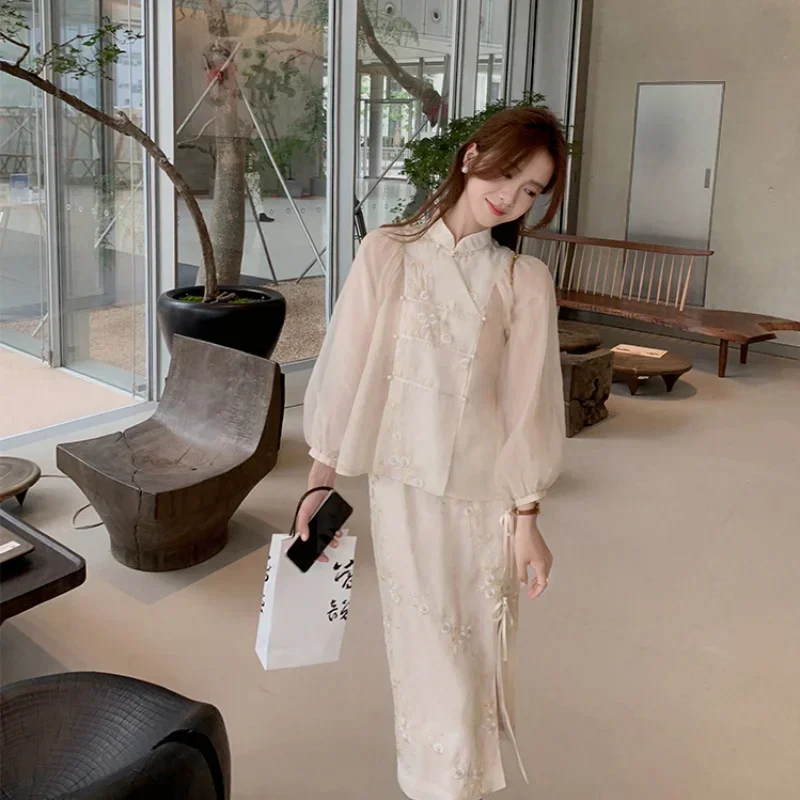 2024 New Ladies Chinese Style Casual Embroidery Chic Elegant Ladies Mild Sun Protection Top Skirt Set Retro Fashion Design sun protection jacket men and ladies ice silk upf50 hooded women s coat for summer solid color air conditioning clothing