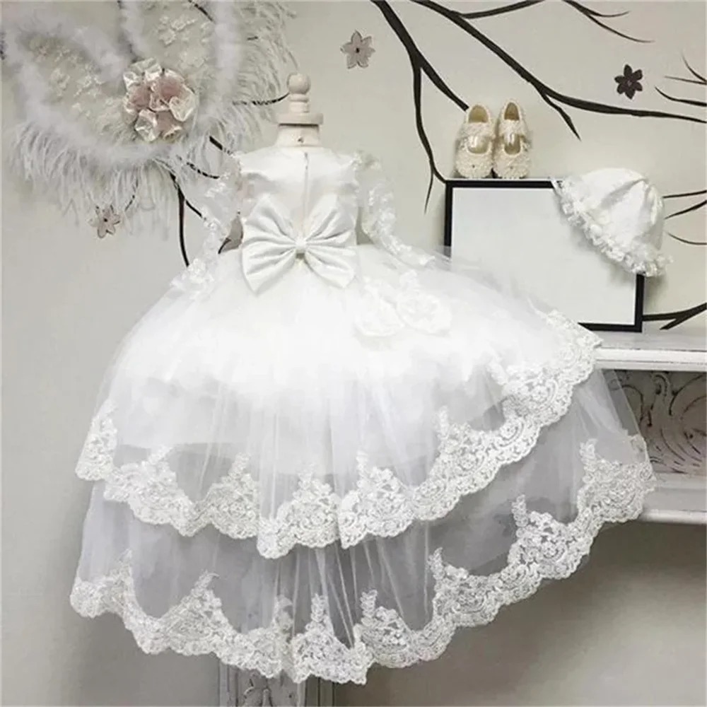 

Flower Girl Dresses Formal Sheer Long Sleeve for Wedding Party Jewel Lace Tiered Skirts Birthday Princess First Communion Gown