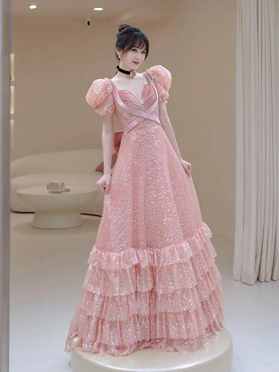 

Pink Luxury Shiny Prom Dress Puff Sleeve Sequin Ruffles Backless Slim Princess Bow Evening Dresses Elagant Homecoming Gowns