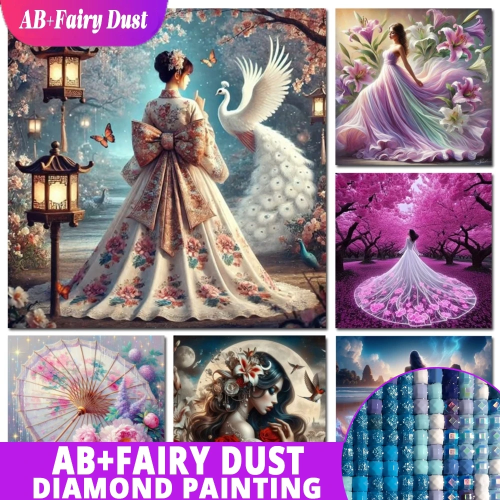 AB Fairy Dust 5d Diy Diamond Painting 2025 Woman Wearing Long Skirt Diamond Mosiac Home Decor Sakura Lily Flowers Wall Art Gift