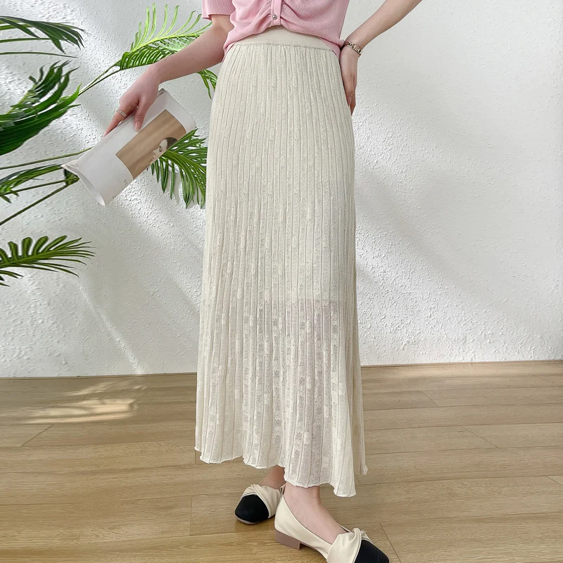 Fashion Linen Hollow Out O-neck Short Sleeve Top High waisted elastic Long Skirt Suit Summer Women Elegant 2 Piece Set Outfits