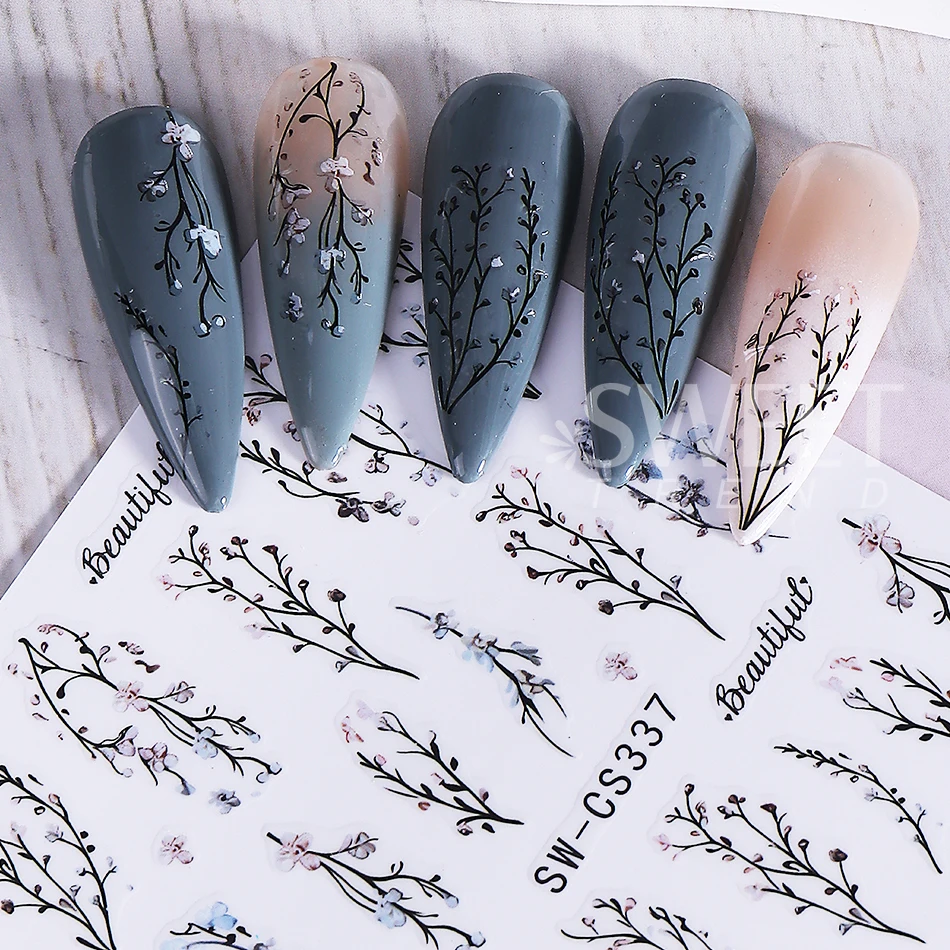 2pcs Elegant Flower Nail Art Stickers Retro Petals Leaf Vine Design Adhesive Nail Decals Sliders DIY Spring Manicure Decoration