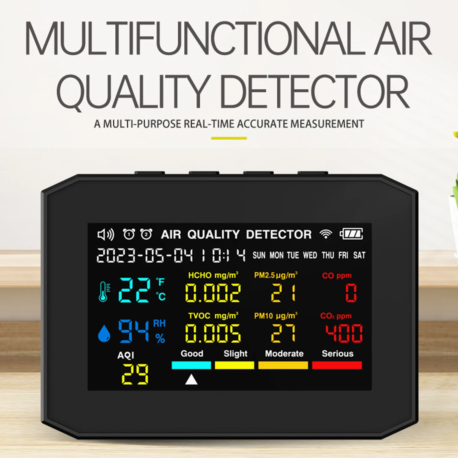 

10-In-1 Air Quality Monitor CO2 Meter Carbon Dioxide Detector Formaldehyde PM2.5 PM10 Temperature And Humidity Time/Date Display