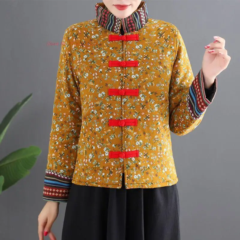 

2023 chinese vintage coat oriental ethnic stand collar coat traditional flower print cotton linen jacket cotton-padded coat