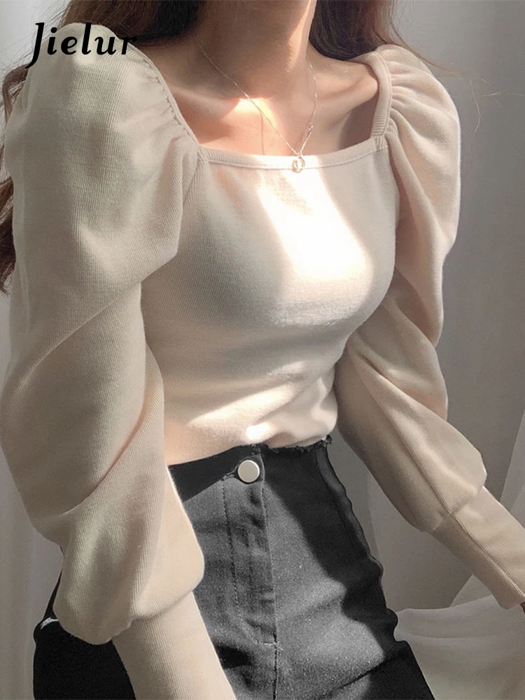

Spring Korean Tops Puff Sleeve Sweater Pull Femme Vintage Square Collar Pullover Knitwear Women Slim Thin Sweaters Jumper