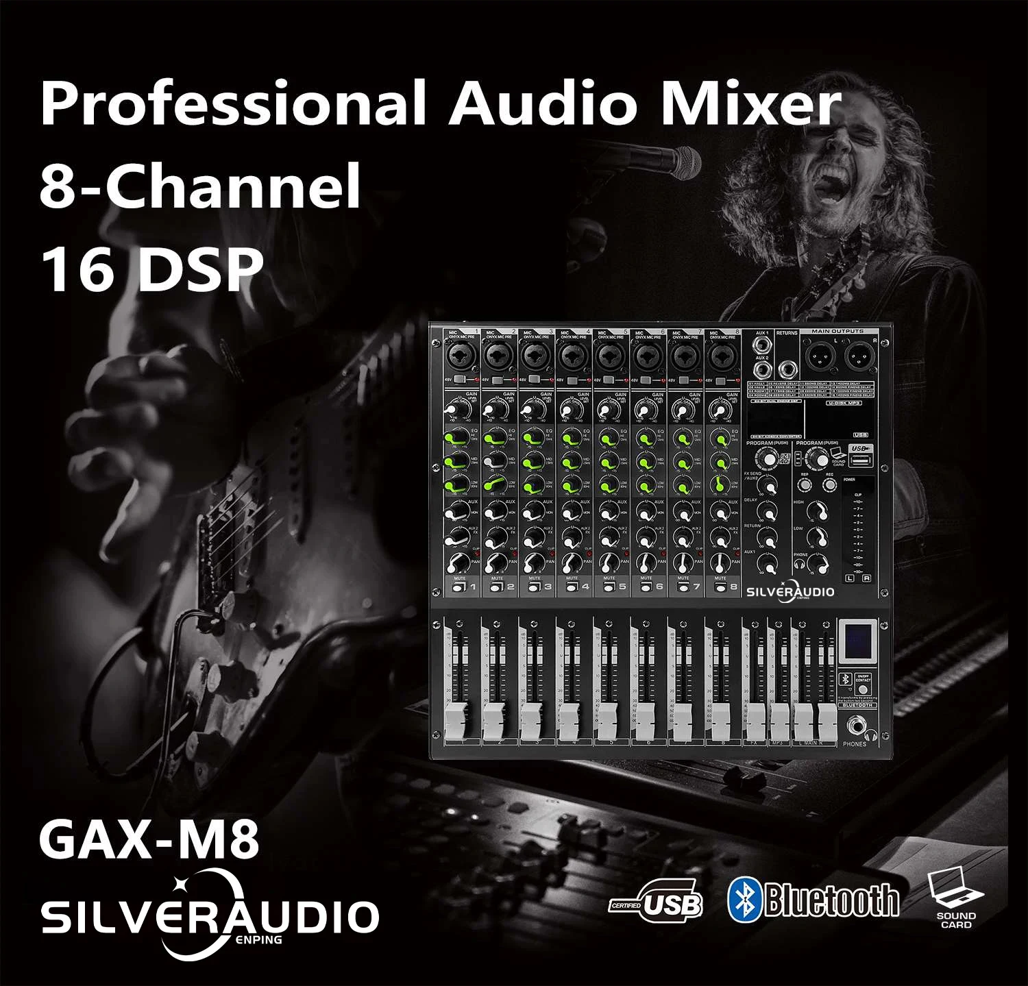 GAX-M8 전문가용 8채널 DJ 믹서 16DSP 리버브 효과 BT5.0 USB 믹서 소규모 파티 공연에 적합