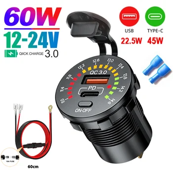 45W Dual USB Charger Socket with LED Voltmeter ON OFF Switch QC3.0 PC Type C Waterproof USB Outlet Fast Charger for 12V/24V Car 1