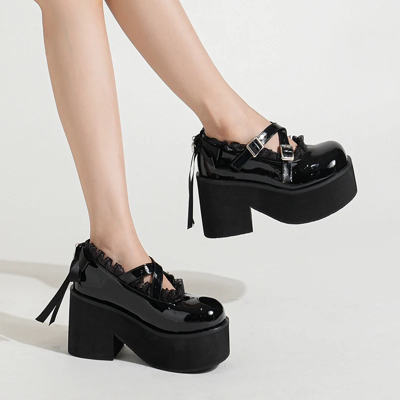 

8cm High Heels Waterproof Platform Platform Thick Patent Leather Bow Single Shoes Round Toe Chunky High Heels Buckle Strap Shoes