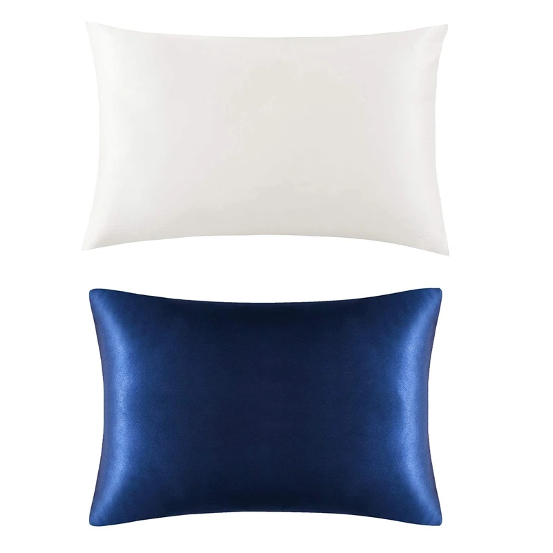 

2 Pcs Natural Pure Mulberry Silk Pillowcase For Hair And Skin, 600 Thread Count 50X75cm, Ivory White & Navy Blue