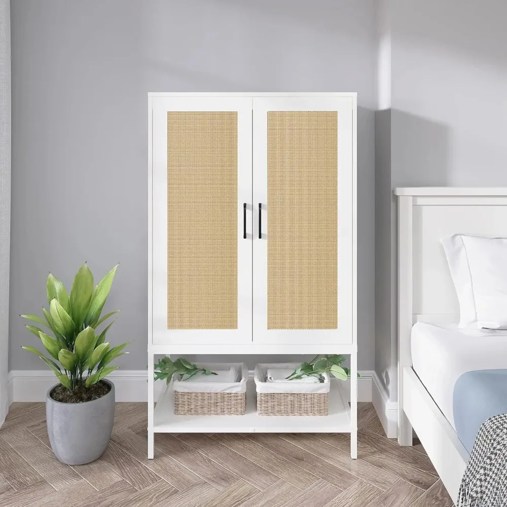 Wardrobe, Wardrobe Closet with 2 Doors, Rattan Bedroom Armoires with Hanging Rod Freestanding Wooden Wardrobe Cabinet With 4