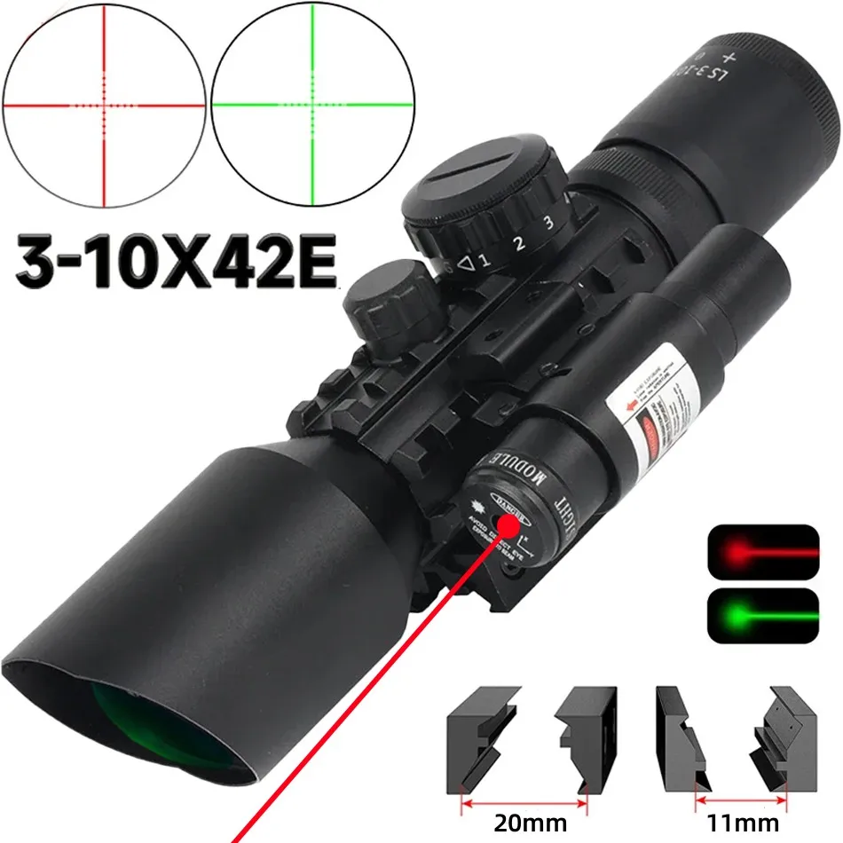 

3-10x42E Tactical Riflescope Red/Green Laser Combo Scope Cross-Hair Reticle Scope Hunting Airsoft Sight Picatinny 11mm/20mm Rail