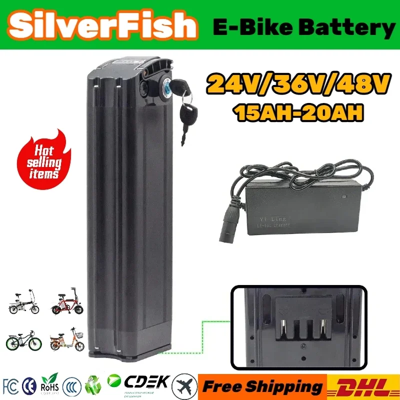 

Original upgrade E-bike SilverFish cell 48V/36V/24V 15Ah-20Ah 18650 li-ion battery pack 20Ah ultra long endurance with charger