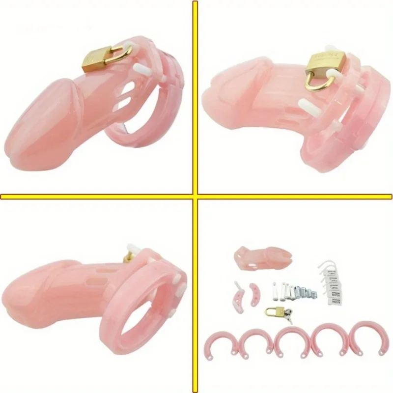 Penis Chastity Cage Plastic Locking Cock Cage with 5 Sizes Penis Rings BDSM Adult Sex Toy