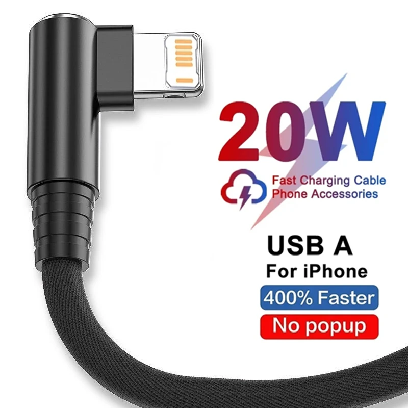 Cabo usb de carga rápida para jogos, ângulo reto, para iphone 13 14 pro 11 12 mini xs max xr x 7 8 plus, cotovelo de 90 graus, cabo carregador usb