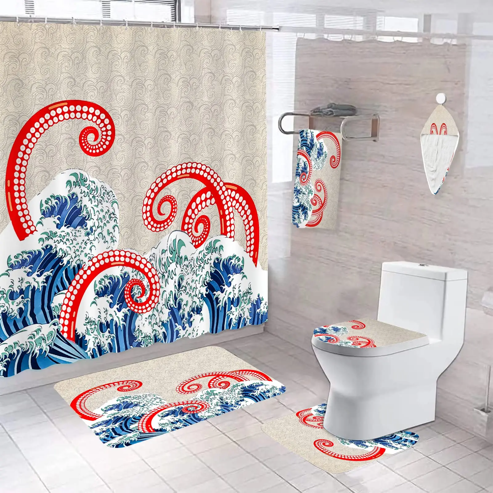 

Hokusai Great Wave Shower Curtain Set Non-Slip Rugs Toilet Lid Cover Mat Durable Bathroom Curtains Waterproof Japanese Art