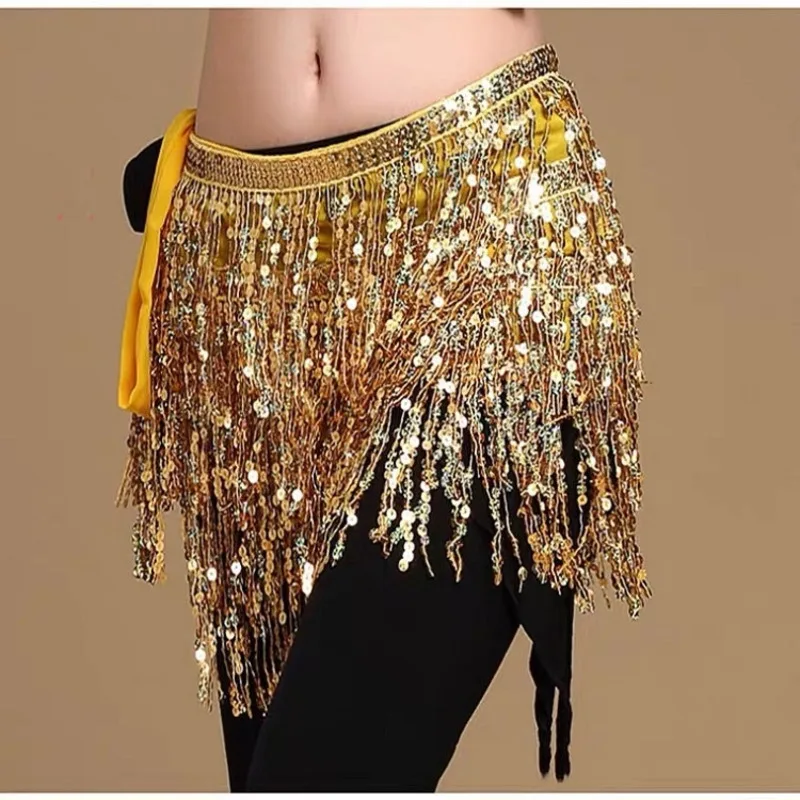 

Belly Dance waist chain new sequins four layer tassel waist cover Indian dance performance practice lace up Hip Scarf skirt