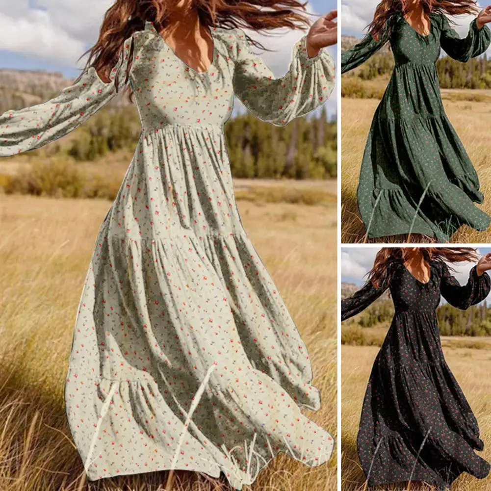 

Ladies Maxi Dress Flower Print V Neck A-line Maxi Dress Loose Fit Lantern Sleeves Pleated Waist for Spring Fall Fall Spring