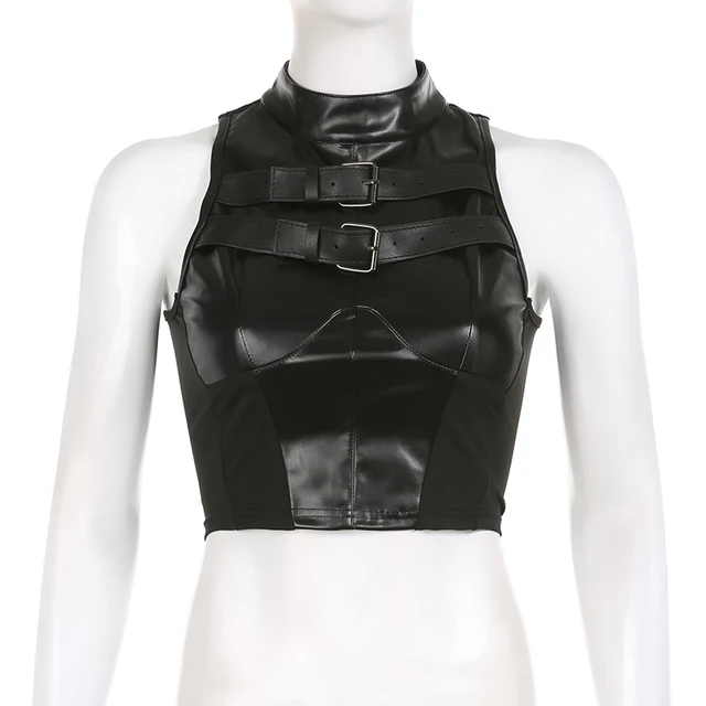 SUCHCUTE Punk Style Leather PU Patchwork Crop Tops Women Grunge Biker Sleeveless Corset Tank Top Streetwear Dark Academia Vest