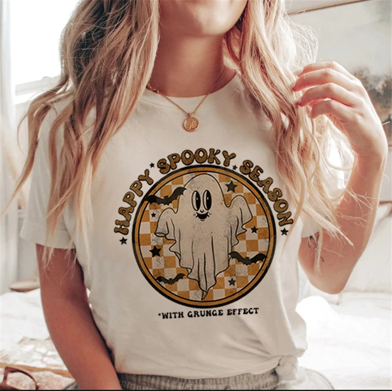 Lettera stampata bianca cartone animato Halloween autunno maglietta casual vestiti tendenza anni '90 donna donna T costume donna stampa grafica925_voghion.com