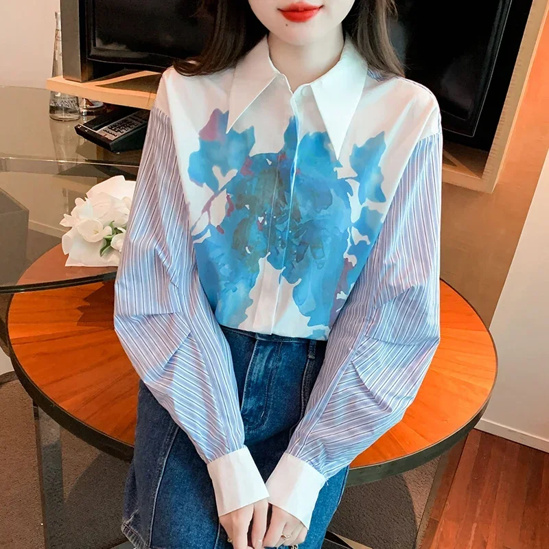 

Шифоновая повседневная женская рубашка, Новая Модная шелковая блузка с принтом, свободная Женская одежда с воротником поло, топы с длинным рукавом на весну/лето