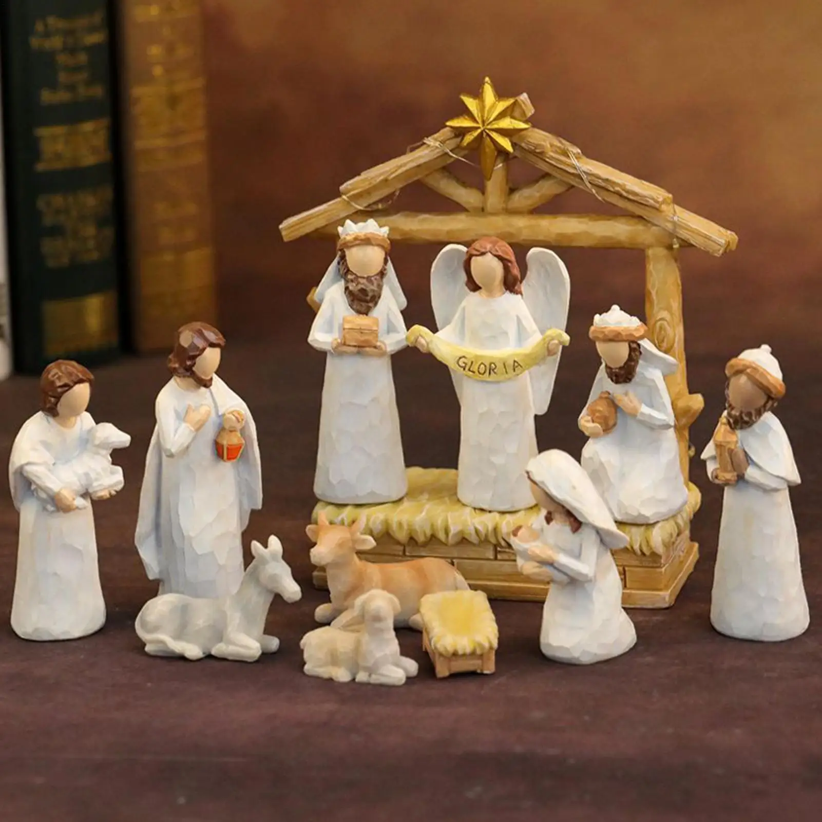 12Pcs Christmas Nativity Scene Jesus Nativity Set Resin Crafts Manger Statue Christmas Decor for Home Bedroom Tabletop Decor