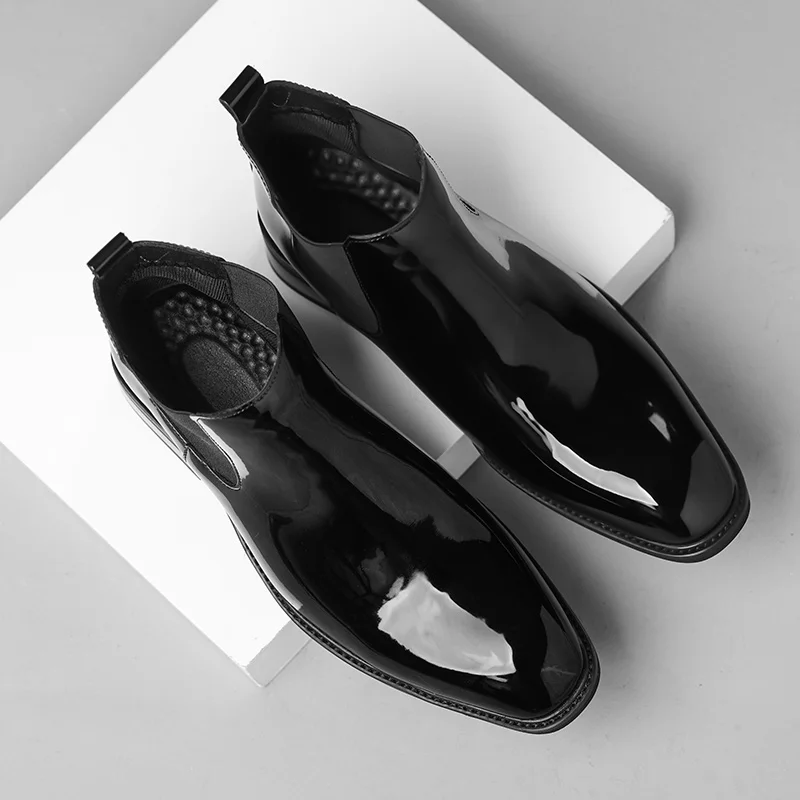 Chelsea Boots for Men Patent Leather Black Buckle Ankle Round Toe Business Classic Handmade Men Short Boots Botas De Hombre
