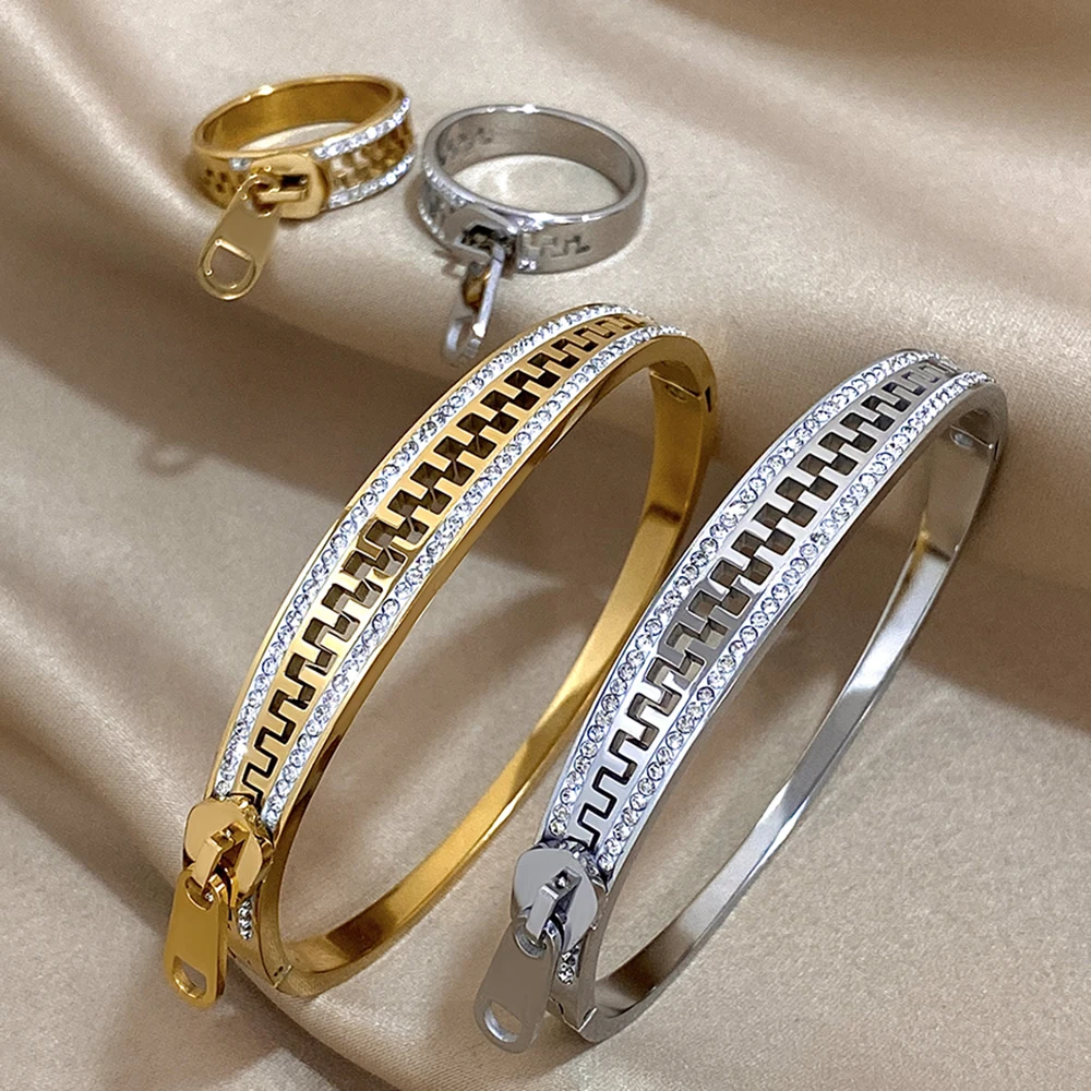 AENSOA Luxurious Gold-Plated Rhinestone Bracelet Bangles - Stainless Steel, Waterproof & Rust Resistant